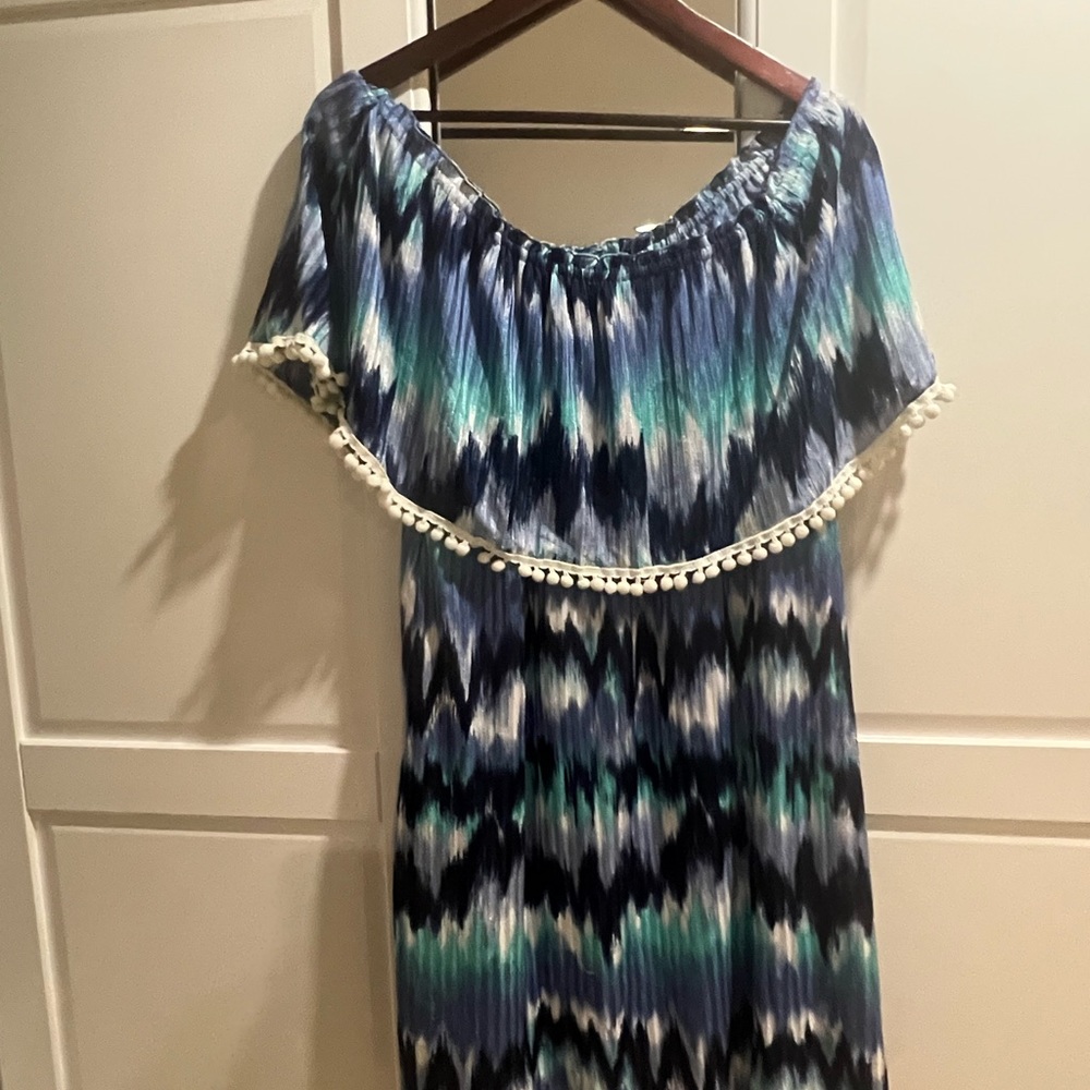 Summery flowy aqua and navy dress with pompoms
